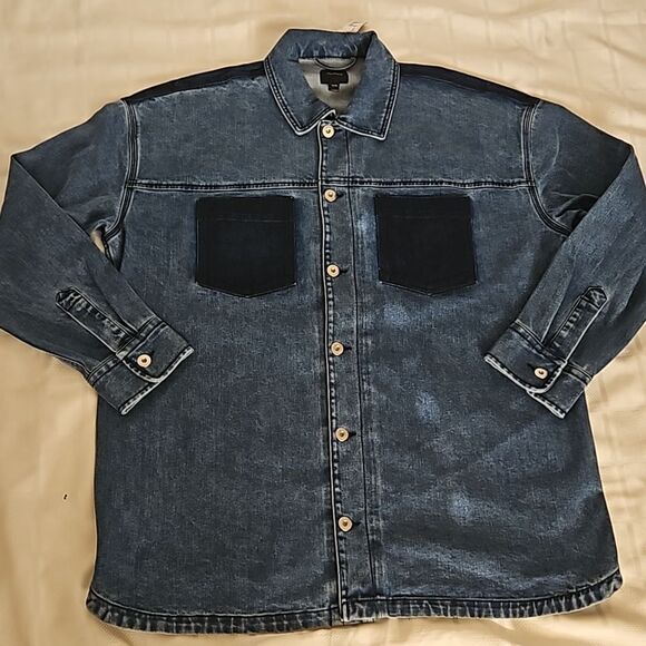 RW&CO. Men's Denim Button-Down Oversized Jean Shirt XL Dark Blue Washed - Picture 14 of 16
